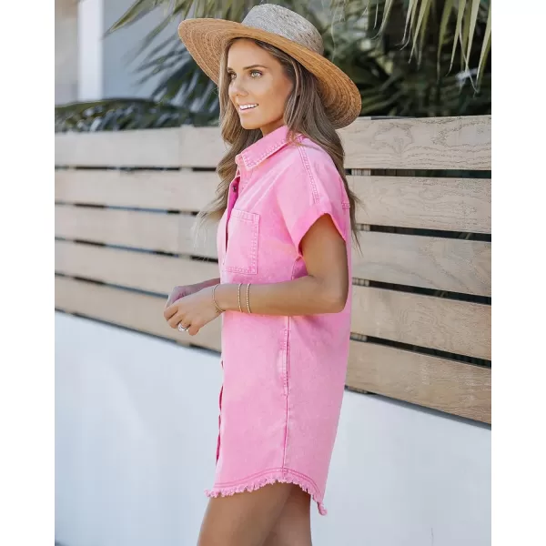 luvamia Denim Dress for Women Button Down Short Sleeves Casual Summer Jean Shirt Dresses with Pockets Frayed HemAurora Pink
