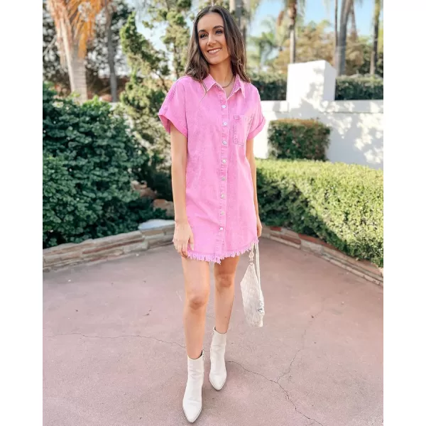 luvamia Denim Dress for Women Button Down Short Sleeves Casual Summer Jean Shirt Dresses with Pockets Frayed HemAurora Pink