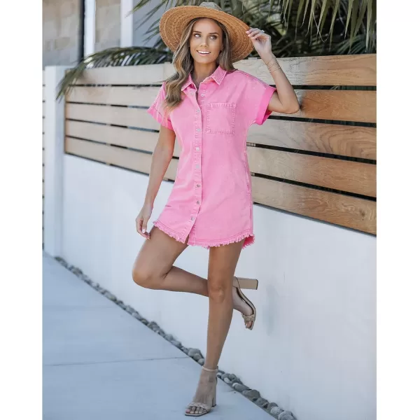 luvamia Denim Dress for Women Button Down Short Sleeves Casual Summer Jean Shirt Dresses with Pockets Frayed HemAurora Pink