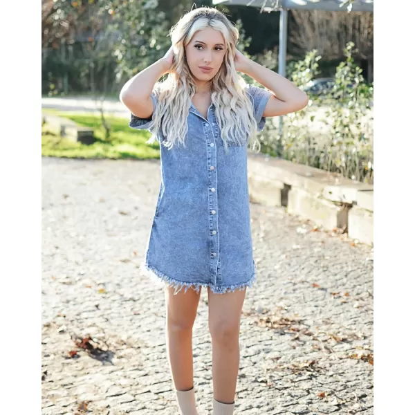 luvamia Denim Dress for Women Button Down Short Sleeves Casual Summer Jean Shirt Dresses with Pockets Frayed HemBay Blue
