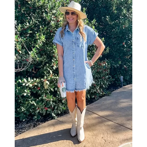 luvamia Denim Dress for Women Button Down Short Sleeves Casual Summer Jean Shirt Dresses with Pockets Frayed HemBay Blue