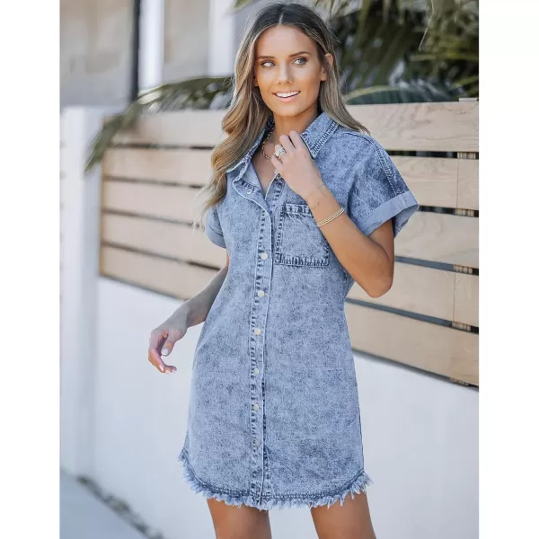 luvamia Denim Dress for Women Button Down Short Sleeves Casual Summer Jean Shirt Dresses with Pockets Frayed HemBay Blue