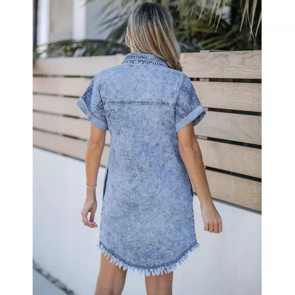 luvamia Denim Dress for Women Button Down Short Sleeves Casual Summer Jean Shirt Dresses with Pockets Frayed HemBay Blue