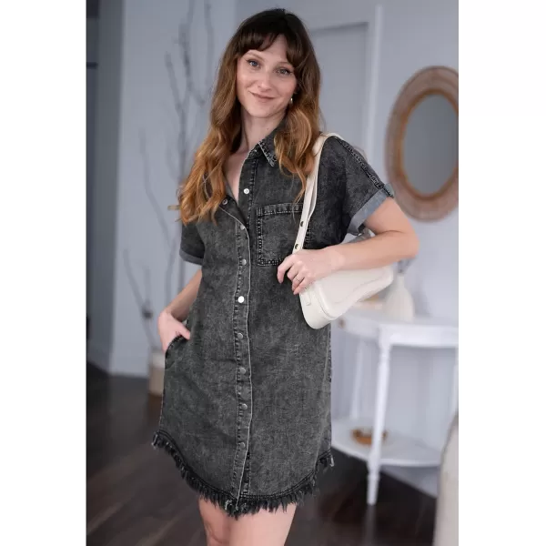 luvamia Denim Dress for Women Button Down Short Sleeves Casual Summer Jean Shirt Dresses with Pockets Frayed HemBlack