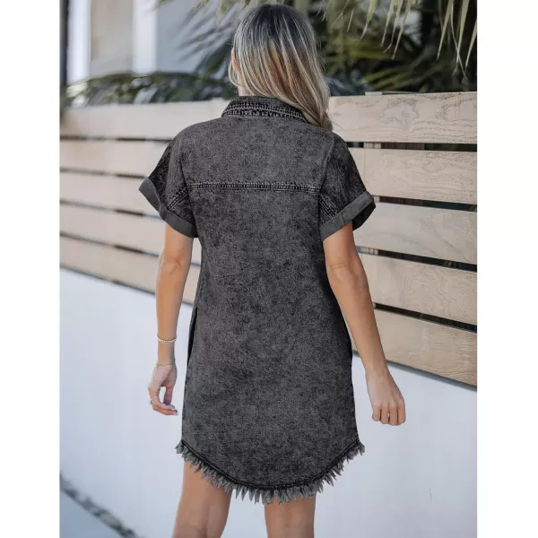 luvamia Denim Dress for Women Button Down Short Sleeves Casual Summer Jean Shirt Dresses with Pockets Frayed HemBlack