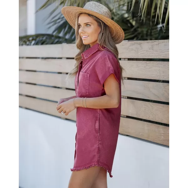 luvamia Denim Dress for Women Button Down Short Sleeves Casual Summer Jean Shirt Dresses with Pockets Frayed HemJester Red