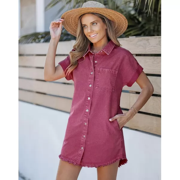 luvamia Denim Dress for Women Button Down Short Sleeves Casual Summer Jean Shirt Dresses with Pockets Frayed HemJester Red