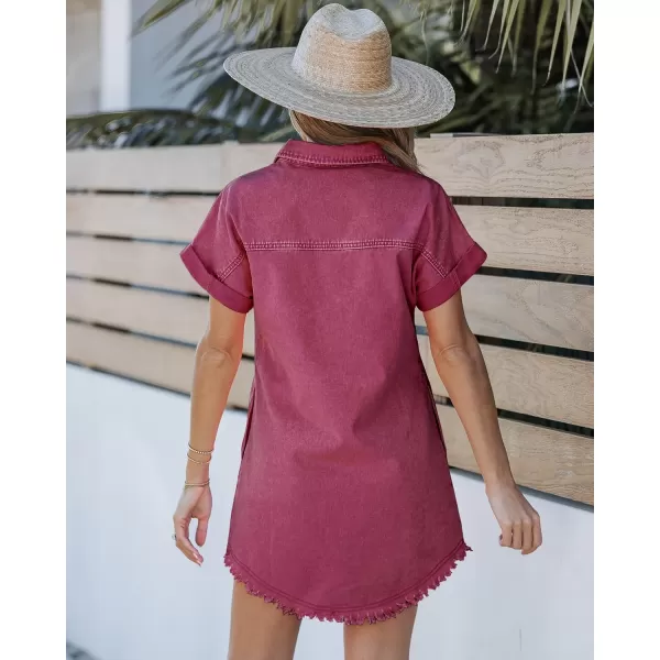 luvamia Denim Dress for Women Button Down Short Sleeves Casual Summer Jean Shirt Dresses with Pockets Frayed HemJester Red