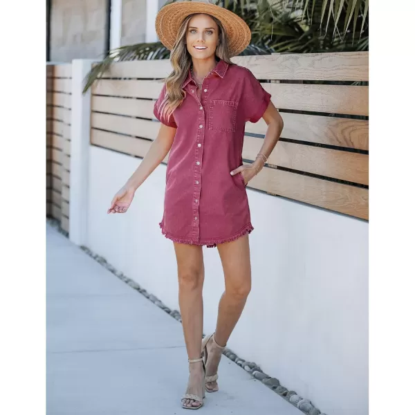 luvamia Denim Dress for Women Button Down Short Sleeves Casual Summer Jean Shirt Dresses with Pockets Frayed HemJester Red