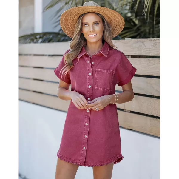 luvamia Denim Dress for Women Button Down Short Sleeves Casual Summer Jean Shirt Dresses with Pockets Frayed HemJester Red