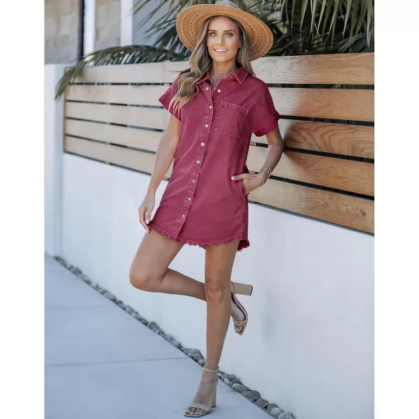 luvamia Denim Dress for Women Button Down Short Sleeves Casual Summer Jean Shirt Dresses with Pockets Frayed HemJester Red