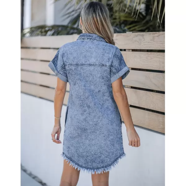 luvamia Denim Dress for Women Button Down Short Sleeves Casual Summer Jean Shirt Dresses with Pockets Frayed HemLakeside Blue