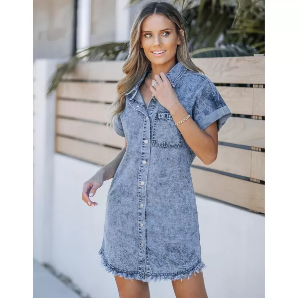 luvamia Denim Dress for Women Button Down Short Sleeves Casual Summer Jean Shirt Dresses with Pockets Frayed HemLakeside Blue
