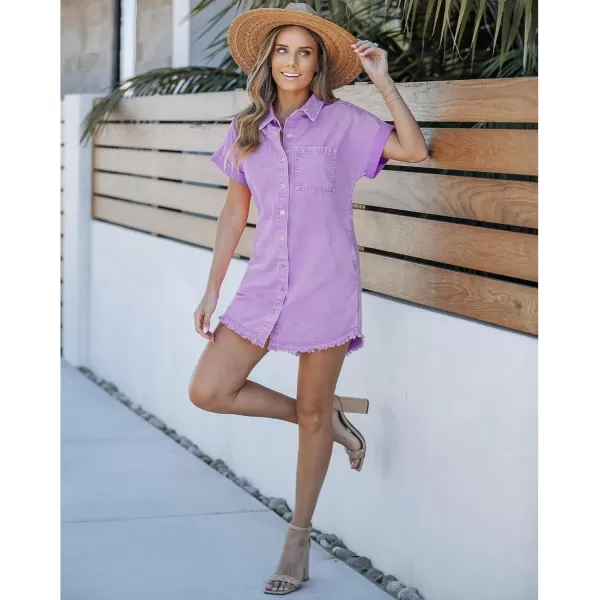 luvamia Denim Dress for Women Button Down Short Sleeves Casual Summer Jean Shirt Dresses with Pockets Frayed HemOrchid