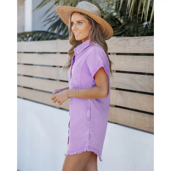 luvamia Denim Dress for Women Button Down Short Sleeves Casual Summer Jean Shirt Dresses with Pockets Frayed HemOrchid