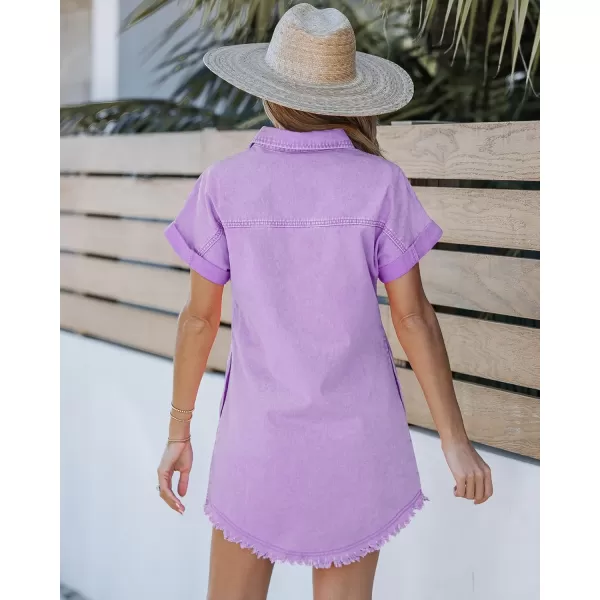 luvamia Denim Dress for Women Button Down Short Sleeves Casual Summer Jean Shirt Dresses with Pockets Frayed HemOrchid