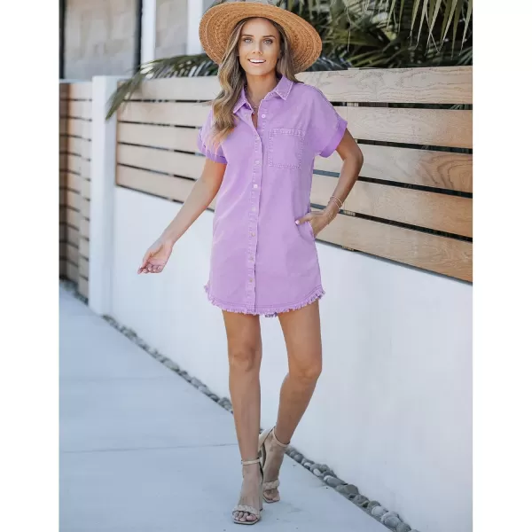 luvamia Denim Dress for Women Button Down Short Sleeves Casual Summer Jean Shirt Dresses with Pockets Frayed HemOrchid