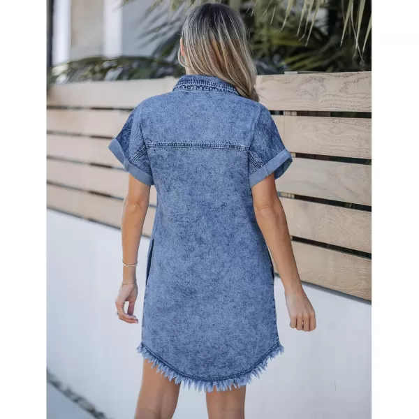 luvamia Denim Dress for Women Button Down Short Sleeves Casual Summer Jean Shirt Dresses with Pockets Frayed HemReef Blue