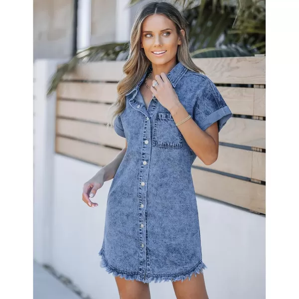 luvamia Denim Dress for Women Button Down Short Sleeves Casual Summer Jean Shirt Dresses with Pockets Frayed HemReef Blue