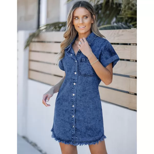 luvamia Denim Dress for Women Button Down Short Sleeves Casual Summer Jean Shirt Dresses with Pockets Frayed HemWishful Blue