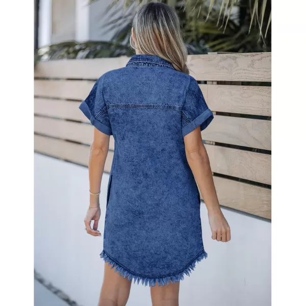 luvamia Denim Dress for Women Button Down Short Sleeves Casual Summer Jean Shirt Dresses with Pockets Frayed HemWishful Blue