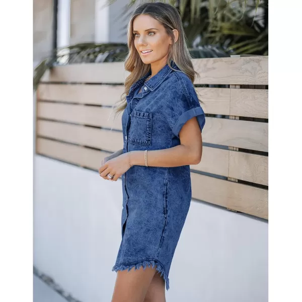 luvamia Denim Dress for Women Button Down Short Sleeves Casual Summer Jean Shirt Dresses with Pockets Frayed HemWishful Blue