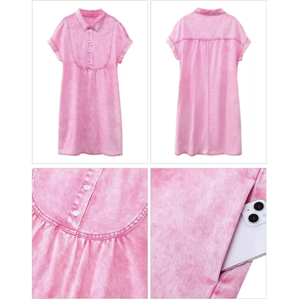 luvamia Denim Dress for Women Summer Short Sleeve Button Down Collared Pleated Western Jean Dresses with Pockets RelaxedAurora Pink