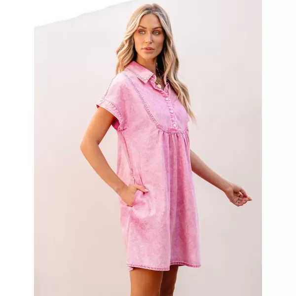 luvamia Denim Dress for Women Summer Short Sleeve Button Down Collared Pleated Western Jean Dresses with Pockets RelaxedAurora Pink