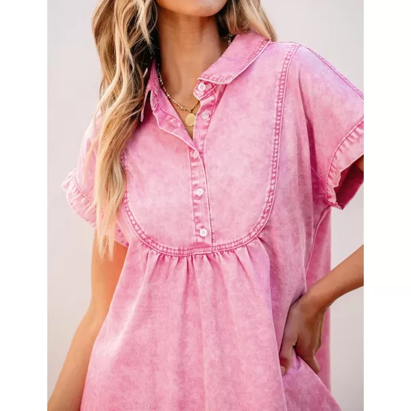 luvamia Denim Dress for Women Summer Short Sleeve Button Down Collared Pleated Western Jean Dresses with Pockets RelaxedAurora Pink