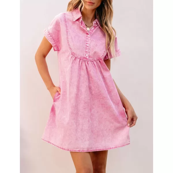 luvamia Denim Dress for Women Summer Short Sleeve Button Down Collared Pleated Western Jean Dresses with Pockets RelaxedAurora Pink