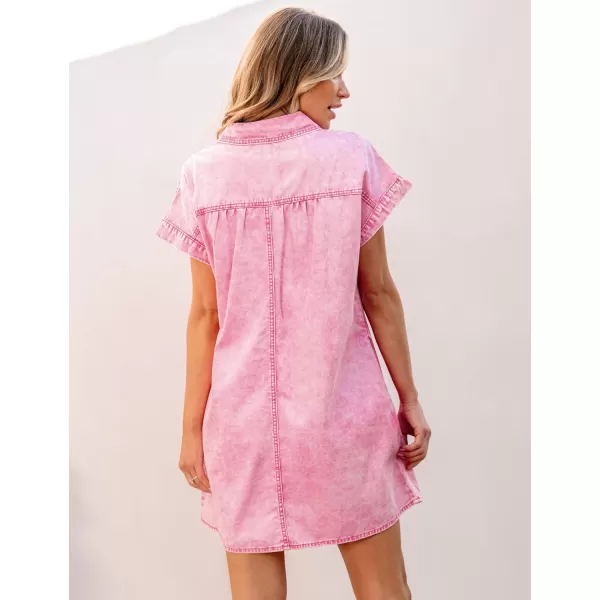 luvamia Denim Dress for Women Summer Short Sleeve Button Down Collared Pleated Western Jean Dresses with Pockets RelaxedAurora Pink