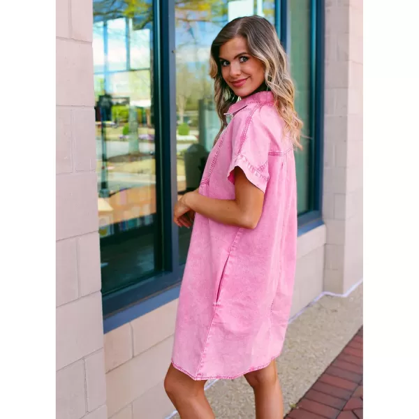 luvamia Denim Dress for Women Summer Short Sleeve Button Down Collared Pleated Western Jean Dresses with Pockets RelaxedAurora Pink
