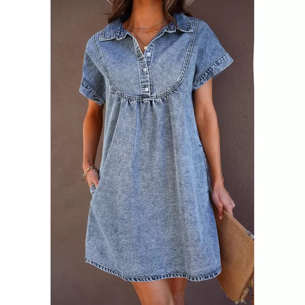 luvamia Denim Dress for Women Summer Short Sleeve Button Down Collared Pleated Western Jean Dresses with Pockets RelaxedBay Blue