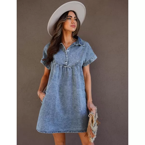 luvamia Denim Dress for Women Summer Short Sleeve Button Down Collared Pleated Western Jean Dresses with Pockets RelaxedBay Blue