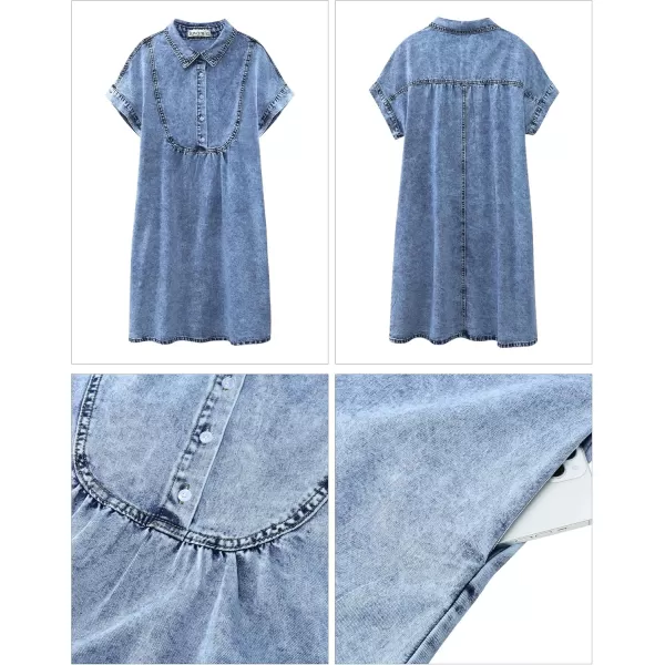 luvamia Denim Dress for Women Summer Short Sleeve Button Down Collared Pleated Western Jean Dresses with Pockets RelaxedBay Blue