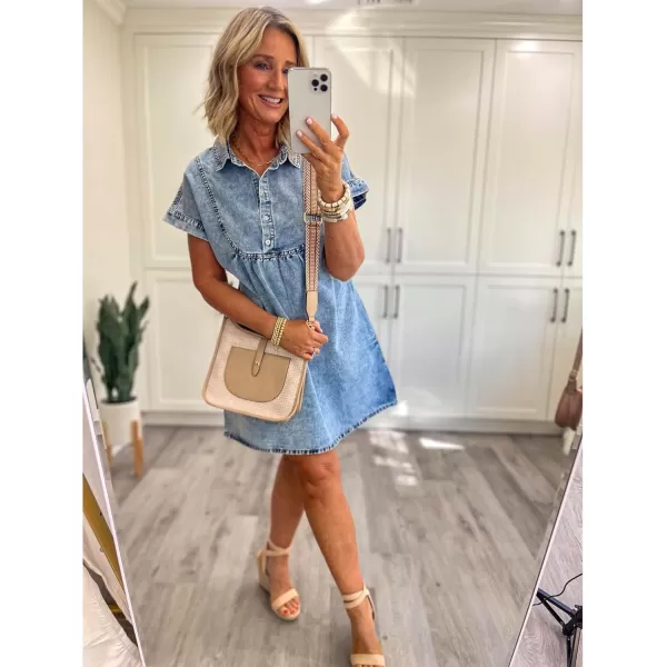 luvamia Denim Dress for Women Summer Short Sleeve Button Down Collared Pleated Western Jean Dresses with Pockets RelaxedBay Blue