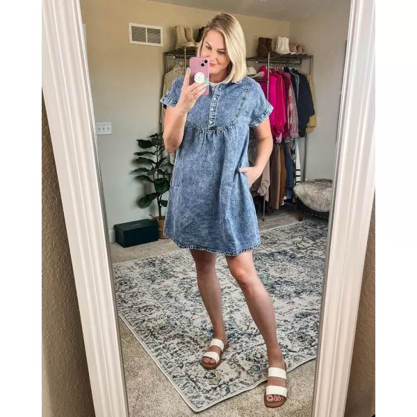 luvamia Denim Dress for Women Summer Short Sleeve Button Down Collared Pleated Western Jean Dresses with Pockets RelaxedBay Blue