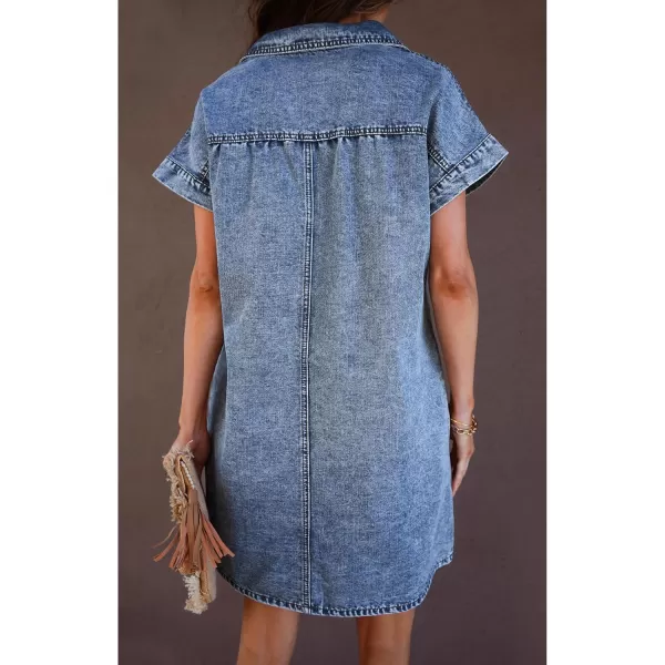 luvamia Denim Dress for Women Summer Short Sleeve Button Down Collared Pleated Western Jean Dresses with Pockets RelaxedBay Blue