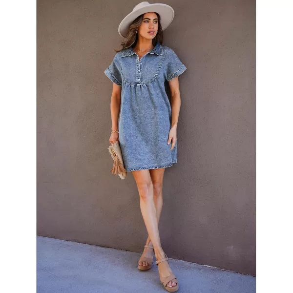luvamia Denim Dress for Women Summer Short Sleeve Button Down Collared Pleated Western Jean Dresses with Pockets RelaxedBay Blue