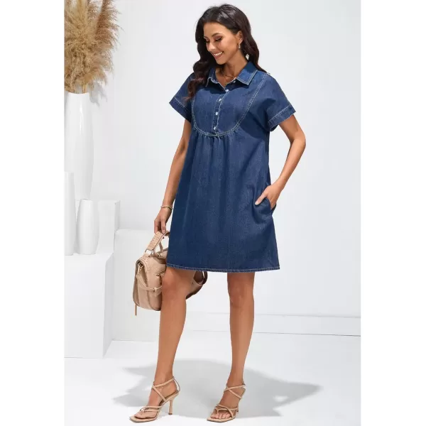 luvamia Denim Dress for Women Summer Short Sleeve Button Down Collared Pleated Western Jean Dresses with Pockets RelaxedBright Cobalt Blue