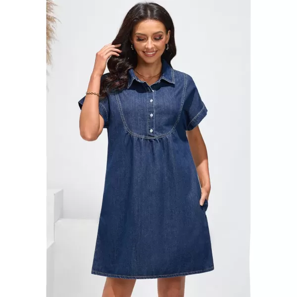 luvamia Denim Dress for Women Summer Short Sleeve Button Down Collared Pleated Western Jean Dresses with Pockets RelaxedBright Cobalt Blue