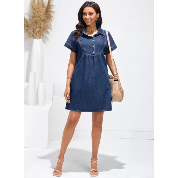 luvamia Denim Dress for Women Summer Short Sleeve Button Down Collared Pleated Western Jean Dresses with Pockets RelaxedBright Cobalt Blue
