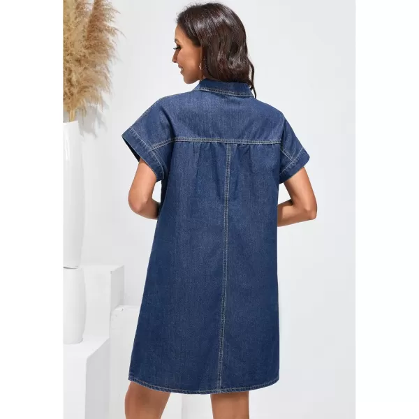 luvamia Denim Dress for Women Summer Short Sleeve Button Down Collared Pleated Western Jean Dresses with Pockets RelaxedBright Cobalt Blue