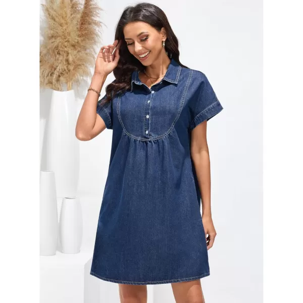 luvamia Denim Dress for Women Summer Short Sleeve Button Down Collared Pleated Western Jean Dresses with Pockets RelaxedBright Cobalt Blue