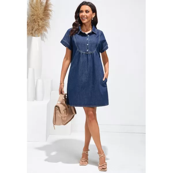 luvamia Denim Dress for Women Summer Short Sleeve Button Down Collared Pleated Western Jean Dresses with Pockets RelaxedBright Cobalt Blue