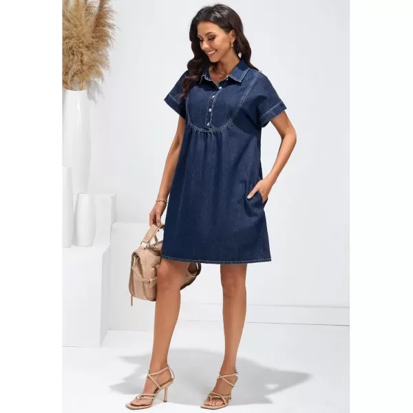 luvamia Denim Dress for Women Summer Short Sleeve Button Down Collared Pleated Western Jean Dresses with Pockets RelaxedDark Atlantic Blue
