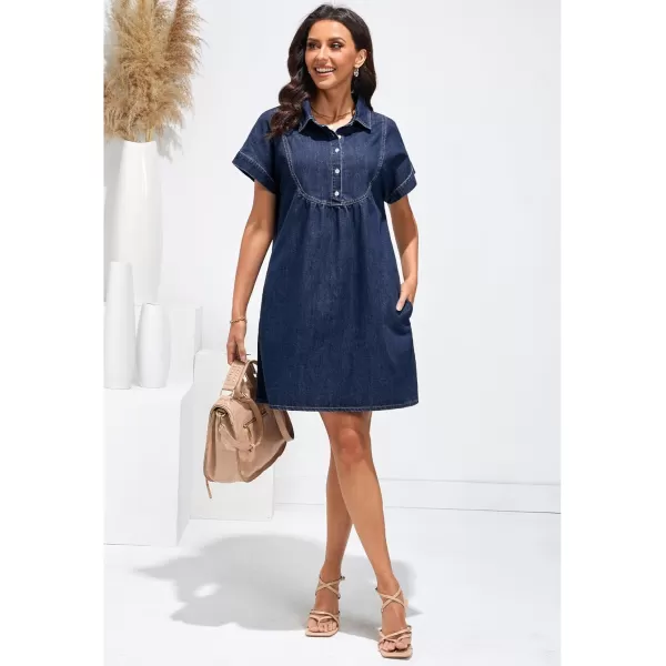 luvamia Denim Dress for Women Summer Short Sleeve Button Down Collared Pleated Western Jean Dresses with Pockets RelaxedDark Atlantic Blue