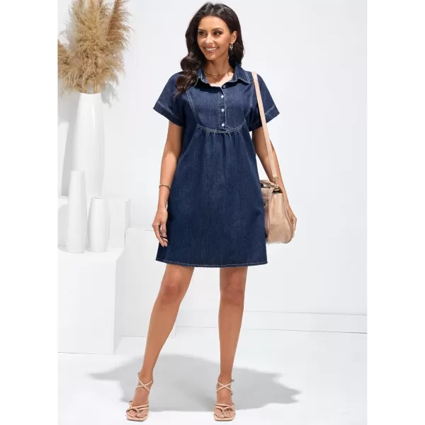luvamia Denim Dress for Women Summer Short Sleeve Button Down Collared Pleated Western Jean Dresses with Pockets RelaxedDark Atlantic Blue
