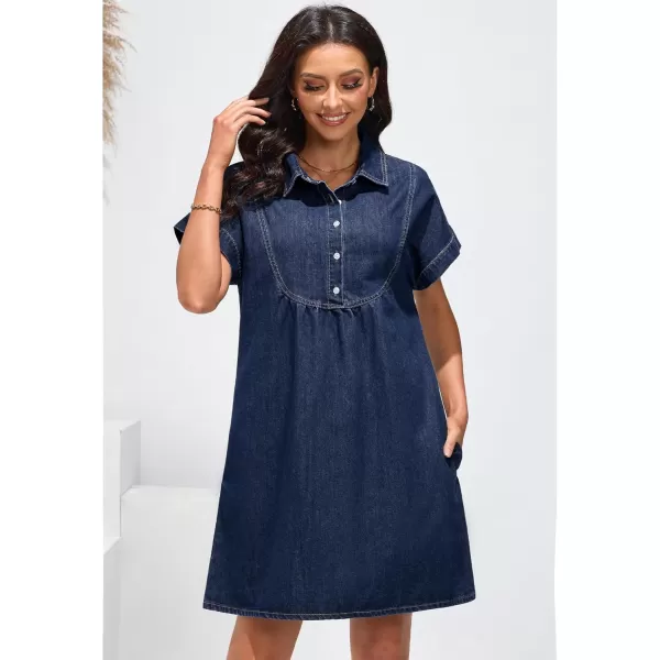 luvamia Denim Dress for Women Summer Short Sleeve Button Down Collared Pleated Western Jean Dresses with Pockets RelaxedDark Atlantic Blue