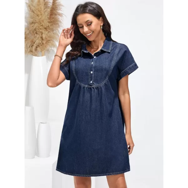 luvamia Denim Dress for Women Summer Short Sleeve Button Down Collared Pleated Western Jean Dresses with Pockets RelaxedDark Atlantic Blue